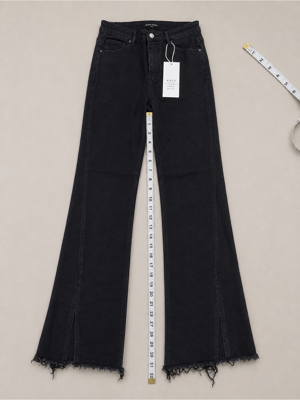 NWT RISEN Black High Rise Raw Hem Front Slit Flare Jeans Size 11/30 | 32” Inseam - Picture 5 of 6